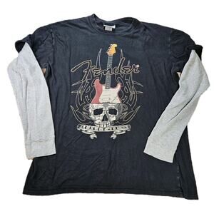 Rare Vintage 90s Fender Guitars Layered Long Sleeve Shirt Black Gray Size XXL